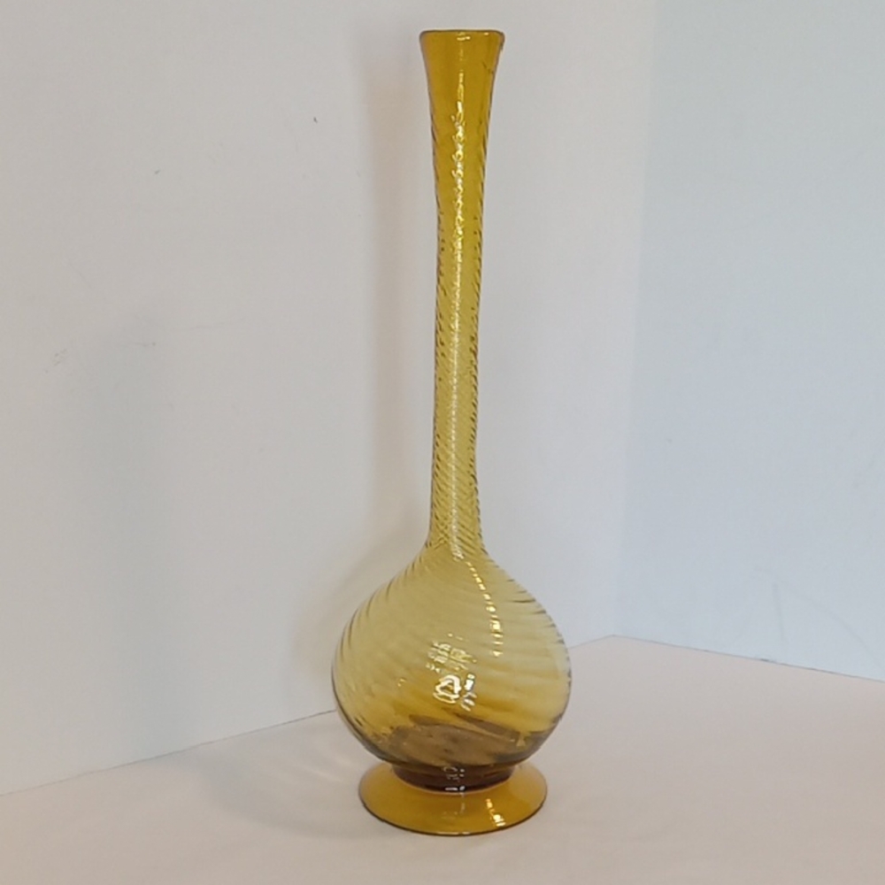 Vintage MCM Hand Blown Tall Amber Art Glass Vase